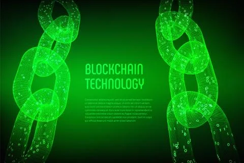 Blockchain. Cryptocurrency. Block chain concept. 3D wireframe chain with digi Stock Illustration