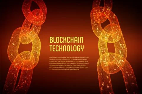 Blockchain. Cryptocurrency. Block chain concept. 3D wireframe chain with digi イラスト素材