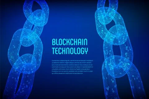 Blockchain. Cryptocurrency. Block chain concept. 3D wireframe chain with digi Stock Illustration