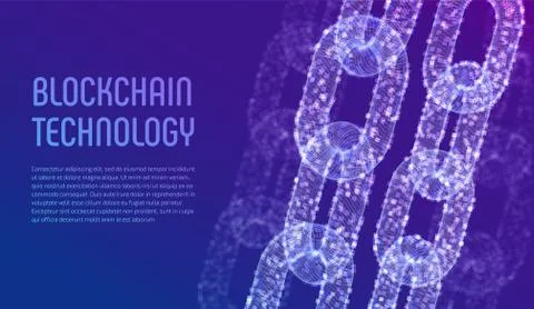 Blockchain. Cryptocurrency. Block chain concept. 3D wireframe chain with digi Stock Illustration