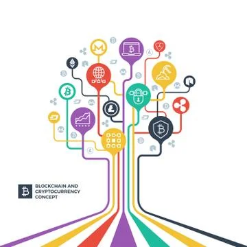 Blockchain, cryptocurrency cryptography and data distribution vector concept Ilustração Stock