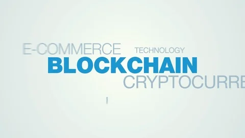 Blockchain cryptocurrency e-commerce mining bitcoin word cloud appears on the Stock Footage 99752651