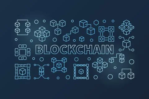 Blockchain cryptocurrency outline blue horizontal banner Stock Illustration