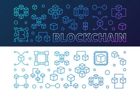 Blockchain cryptocurrency outline colored banners set Stock Illustration
