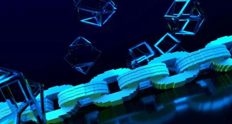 Blockchain cryptography concept. Blue chain on reflective surface. 3D Renderi Ilustração Stock