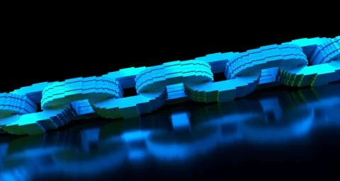 Blockchain cryptography concept. Blue chain on reflective surface. 3D Renderi Ilustração Stock