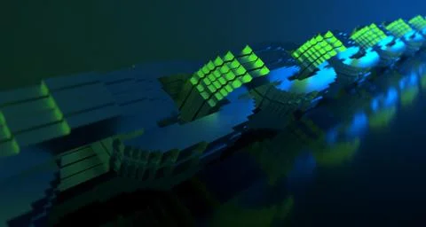 Blockchain cryptography concept. Blue chain on reflective surface. 3D Renderi Ilustração Stock