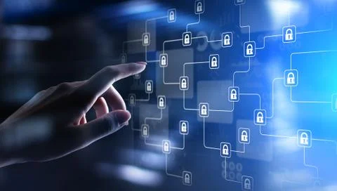 Blockchain cryptography technology, fintech and internet concept on virtual Stock Photos