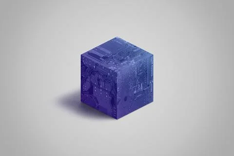 Blockchain cube with electronic circuit board texture concept. Blue block con Stock Photos