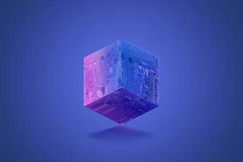 Blockchain cube or block with electronic board textures on a blue-purple back Stock Photos