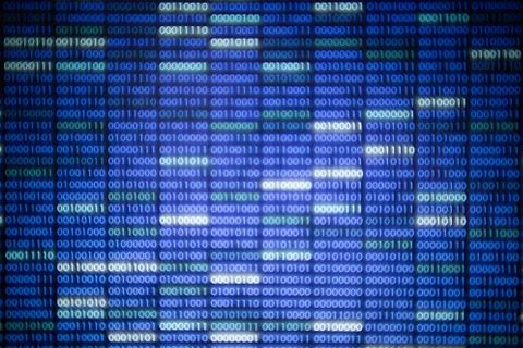 Blockchain data. glowing Blue and white binary data code background for inter Stock Photos