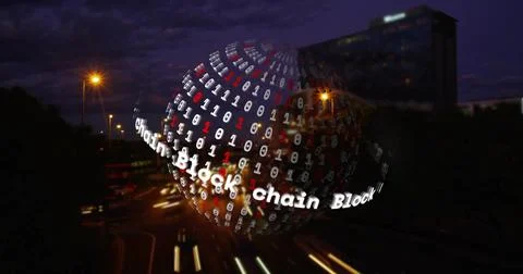 Blockchain data image over cityscape at night Stock Photos