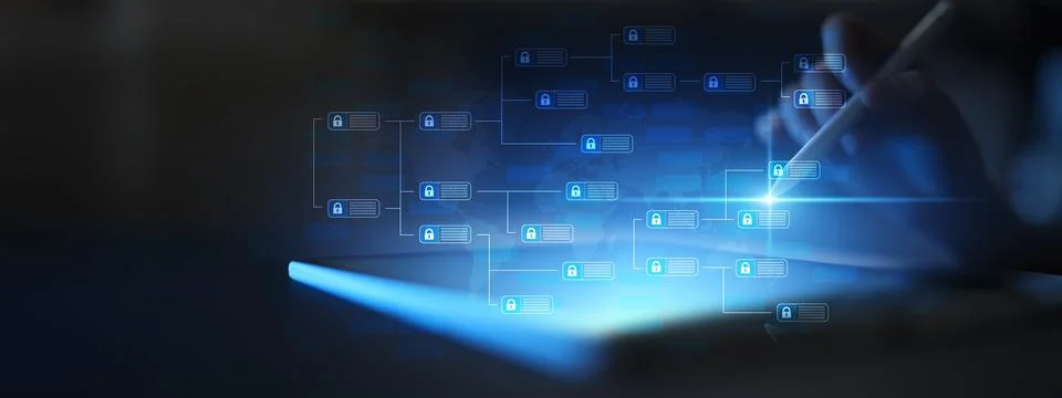 Blockchain Data Security and Digital Encryption Network Visualization. Stock Photos