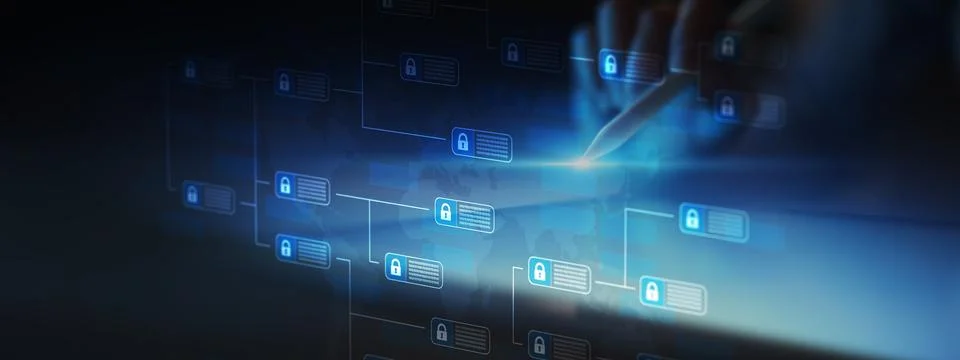 Blockchain Data Security and Digital Encryption Network Visualization Fotos de archivo