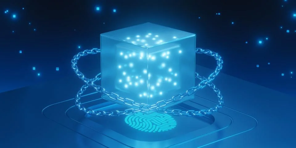 Blockchain Data Security Cube with Chain and Fingerprint Stockillustratie