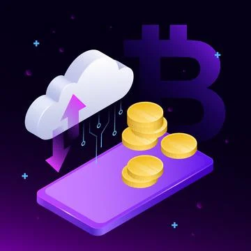 Blockchain Data Storage. Creative Crypto Cloud with Coins and Smartphone Illustrazione stock