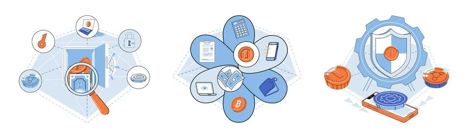 Blockchain. Data stored on blockchain is securely encrypted and accessible only Stock Illustration