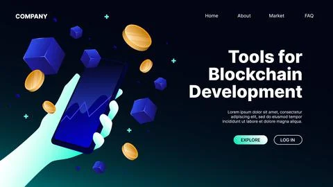 Blockchain Development Tools. Landing Page Horizontal Template 스톡 일러스트