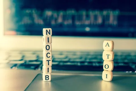 Blockchain dices on lap Stock Photos