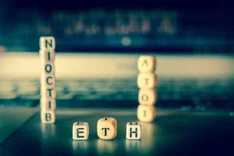 Blockchain dices on lap Stock Photos