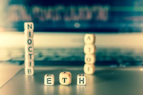 Blockchain dices on lap Stock Photos