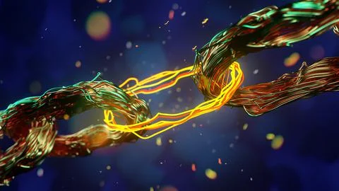 Blockchain digital chain, beautiful abstract copper coil wiring . 3d rendering. Stock Illustration