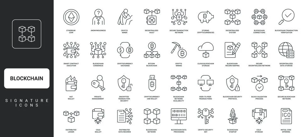 Blockchain, digital data and crypto currency mining, bitcoin and fintech line Stock Illustration