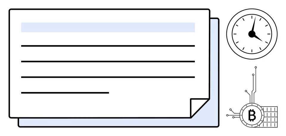 Blockchain digital document with lines for text, clock indicating time manage Illustrazione stock
