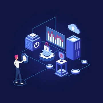 Blockchain digital ledger with recording blocks イラスト素材