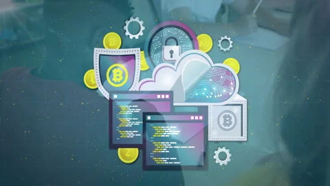 Blockchain elements and coding screens with cloud computing and cryptocurrency Stock Footage 304643279