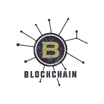 Blockchain emblem concept. Digital assets logo. Vintage han drawn monochrome Illustrazione stock