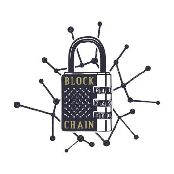 Blockchain emblem concept. Digital assets logo. Vintage hand drawn lock and Illustrazione stock