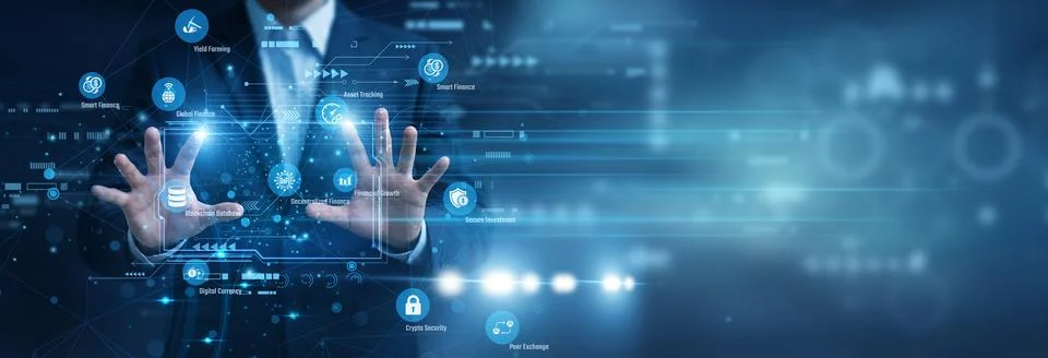 Blockchain engineer smoothly verifying nodes. Using Hands to monitor Decent.. Stock Photos
