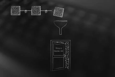 Blockchain falling into funnel over door with access to personal data Stock Illustration