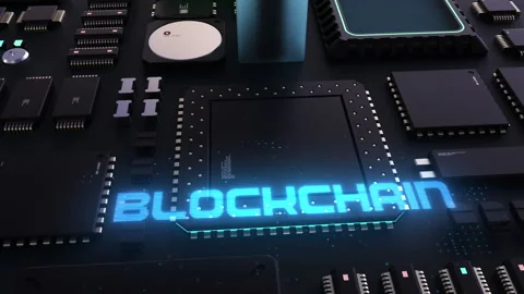 Blockchain header on the background of a chip with many processes. the concep Video stock 207000241