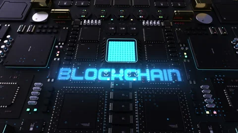 Blockchain header on the background of a chip with many processes. the concep Stock Footage 207000392