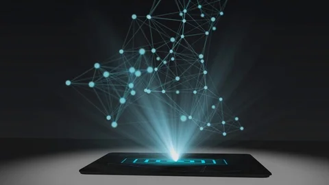 Blockchain holographic display mobile phone tablet device hologram technology Stock Footage