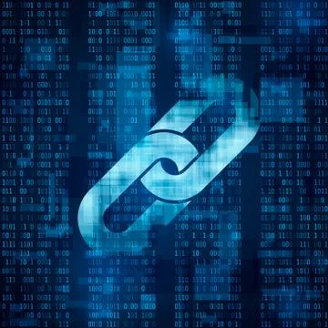 Blockchain hyperlink symbol on binary code. Abstract blue matrix background.  Stock Illustration