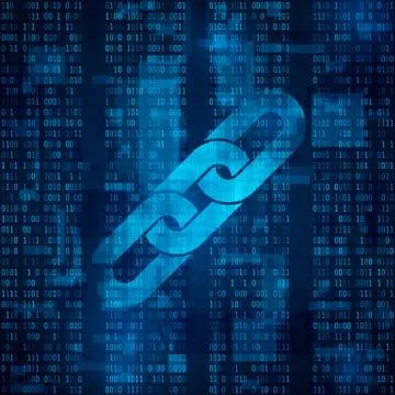 Blockchain hyperlink symbol on binary code. Abstract blue matrix background.  Stockillustratie