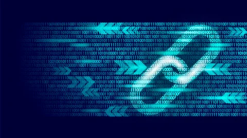 Blockchain hyperlink symbol on binary code number big data flow information 库存插图