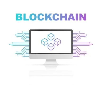 Blockchain icon on computer screen, connected cubes on the display. Symbol of Illustrazione stock