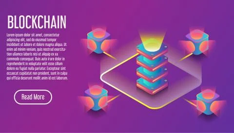 Blockchain isometric 3D virual commerce banner. Design service communication  イラスト素材