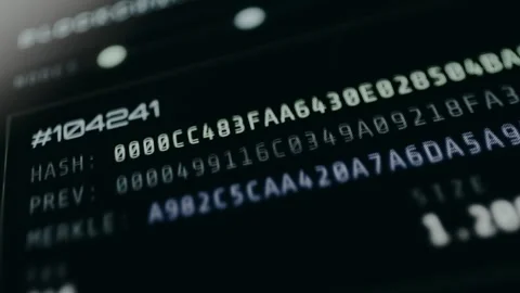 Blockchain Ledger, live-mined blocks with hash chains, Merkle roots, prev hash Vídeo Stock 331569389