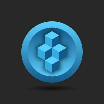 Blockchain logo for cryptocurrency on a round blue background, cubes isometri Stock Illustration