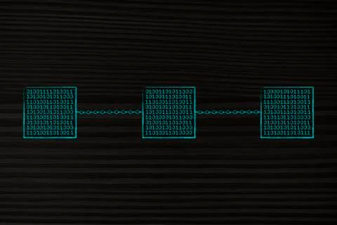 Blockchain made of cube of binary code data and chains Stockillustratie
