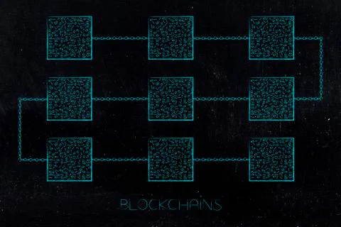 Blockchain made of lines of cubes with binary code data inside and chains lin イラスト素材