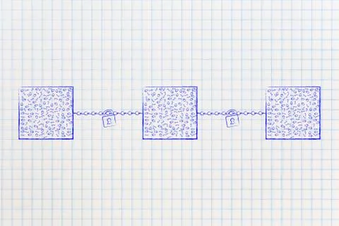 Blockchain made of lines of cubes with binary code data inside and chains lwi Stock Illustration
