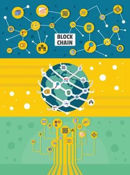 Blockchain miner banner horizontal set, flat style Stock Illustration