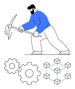 Blockchain Miner Using Pickaxe with Gears and Network Nodes on White Backgrou Illustrazione stock