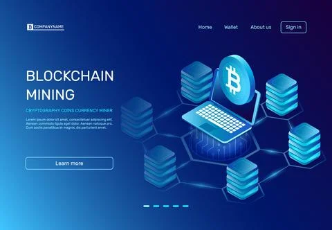 Blockchain mining. Cryptography coins currency miner on laptop connected to.. Stock Illustration